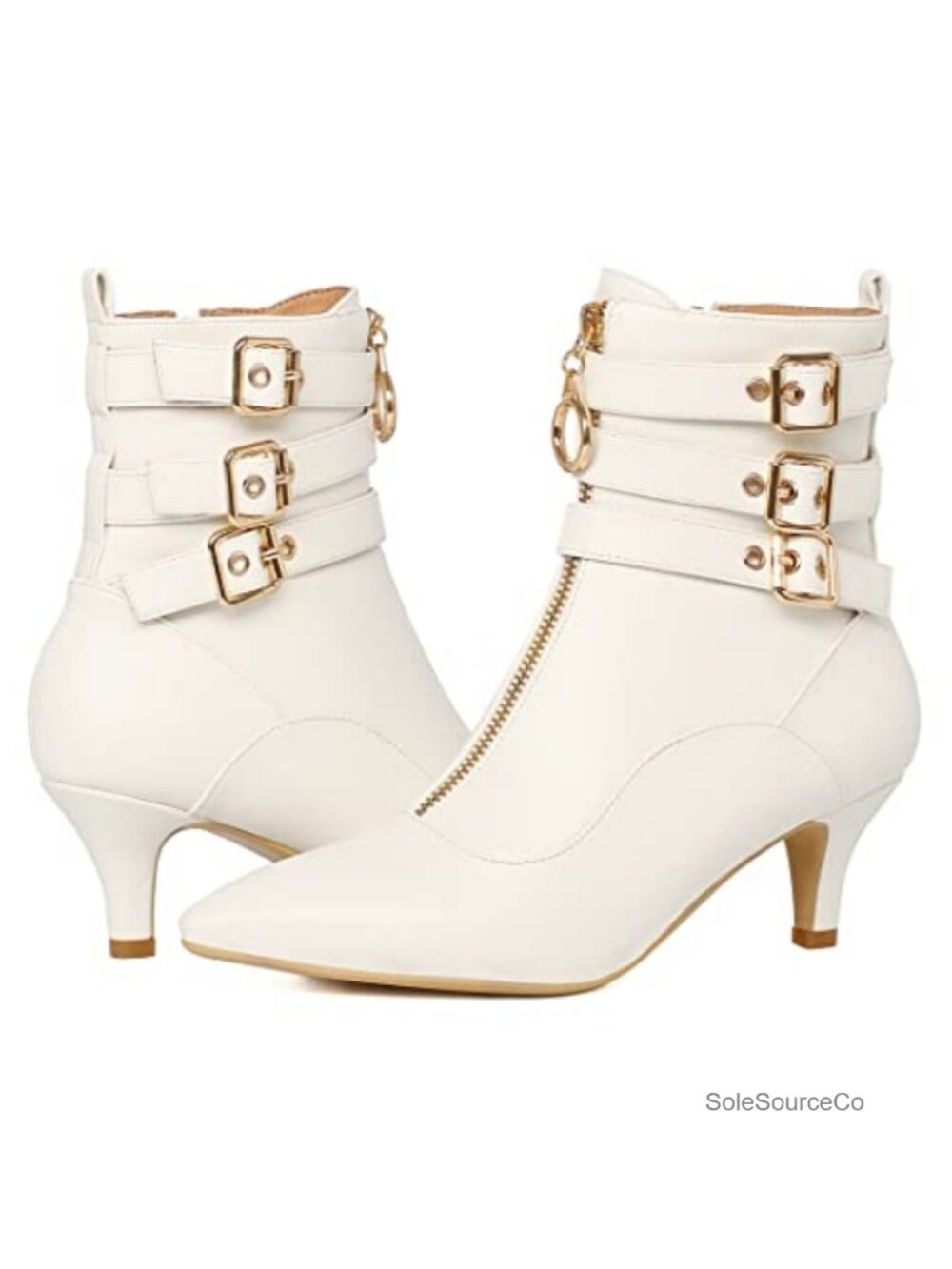 Pointed Toe Kitten Heel Ankle Booties Buckle Strap Zipper Closure